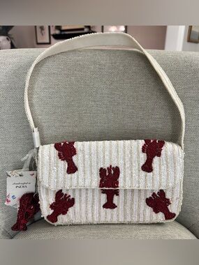 Made in India white beaded and sequin lobster purse with lobster keychain